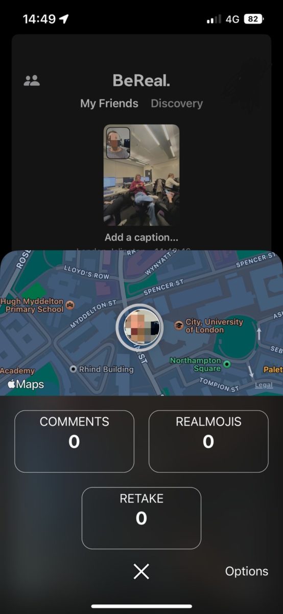 Screenshot of BeReal location showing detailed map of the user's wherabouts 