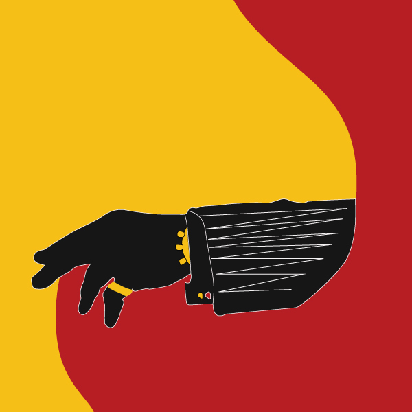 the arm of an oligarch, on a plush red armchair